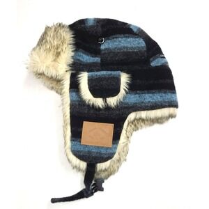 Winter Trapper Hat cap City Hunter Since 1991 Light Blue Gray Black Wool Blend